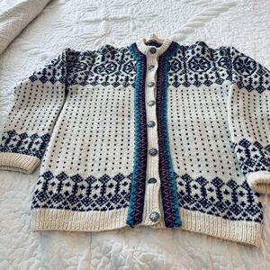 1940-50 Norwegian Wool Cardigan Sm Black White Med  Turquoises Braid Trim